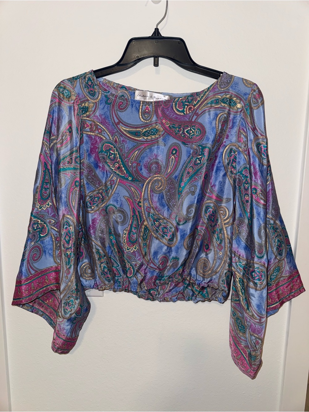 Chelsea & Theodore Blue Paisley Cropped Blouse with Elastic Hem